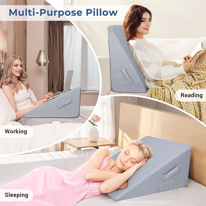 COOLBEBE Bed Wedge Pillow for Sleeping, Elevated Wedge Pillow for Sleep Apnea with Air Layer Washable Cover, 12Inch Foam Wedge Triangle Pillow for Acid Reflux, Gerd, Snoring and After Surgery