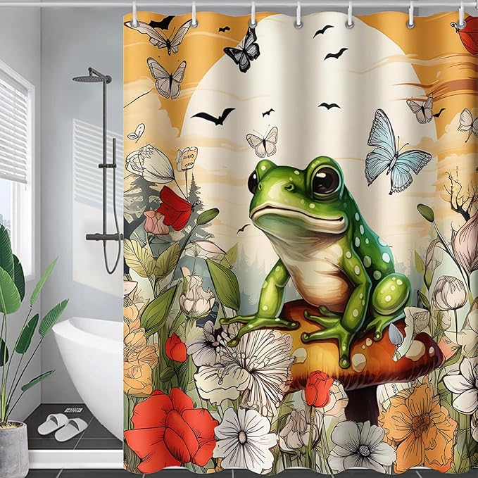 AILONEN Cartoon Frog Waterproof Shower Curtain,Nature Plant Fungus Flower Frog Bath Curtain,Fantasy Sunset Abstract Yellow Bathroom Curtain Decor 72" W x 78" H