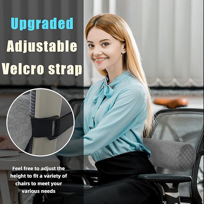 Lumbar Roll Pillow for Lower Back, Lumbar Support Foam Roll Cushion with Pillowcase and Upgraded Strap for Office, Chair, Car, Seat Pain Relief & Improving Posture (Light Grey, Short-11*4.3'')