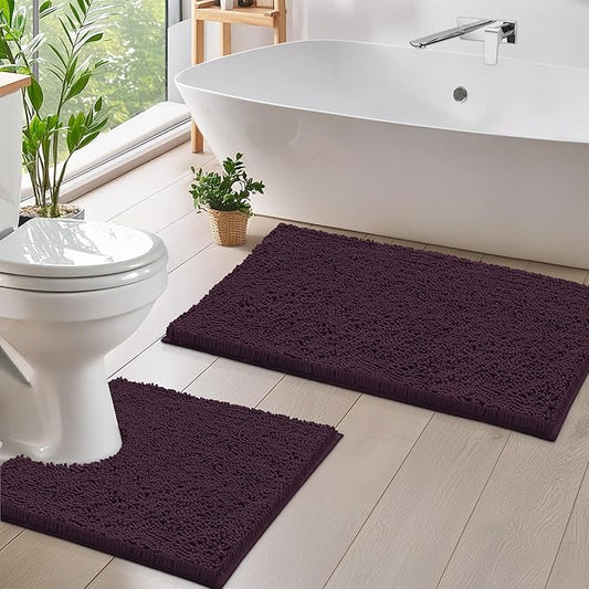 LuxUrux Bathroom Rugs Sets 2 Piece: Quick Dry, Soft Plush Anti-Slip, Super Absorbent. Includes Rectangular (31x20 inches) & U-Shaped Toilet Mat (20x20 inches) | Plum
