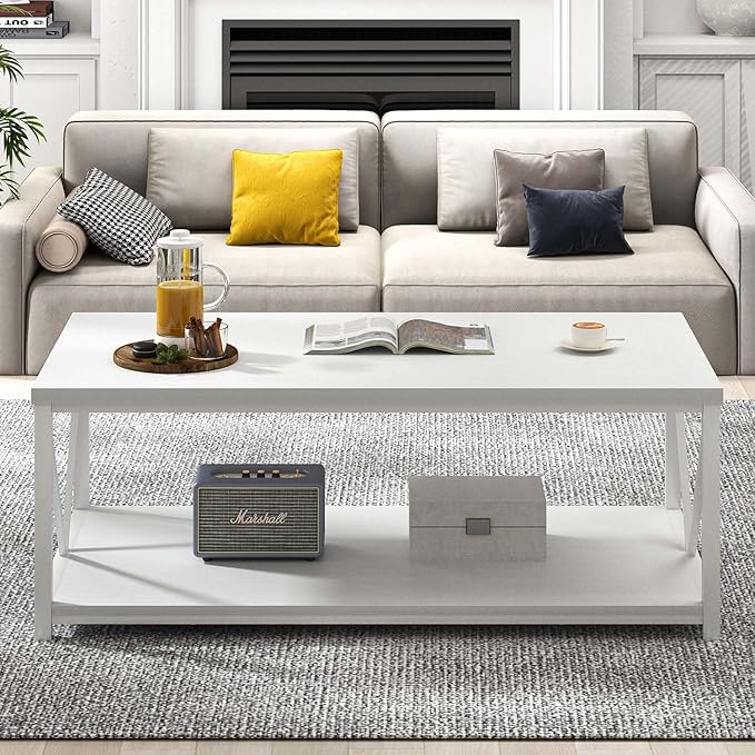 EXCEFUR White Coffee Table with Storage Shelf, Modern Rustic Wood and Metal Center Table for Living Room, 47 Inch