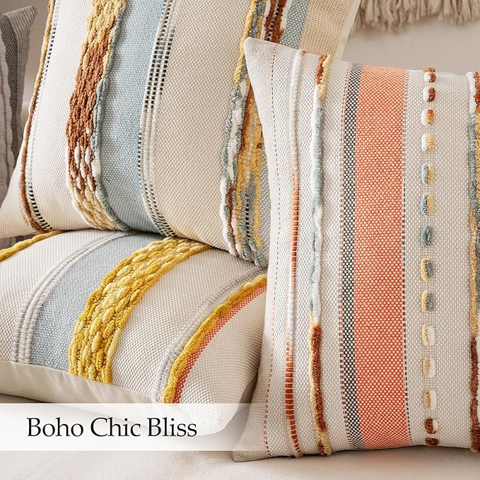 ANRODUO Pack of 2 Boho Decorative Throw Pillow Covers 18x18 Farmhouse Cushion Case Striped Chenille Pillow Cases Square Pillow Covers Accent Neutral Pillowcase for Sofa Couch Bed, Pink Stripe
