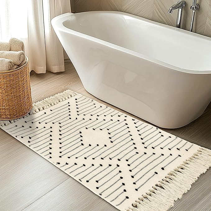 Tritard Boho Kitchen Runner Rug 2x4.3 - Woven Cotton Hallway Rugs with Tassels Washable Aztec Carpet Farmhouse Bathroom Area Rug Front Porch Bath Mat for Entryway, Laundry, Doorway, Beige Cream