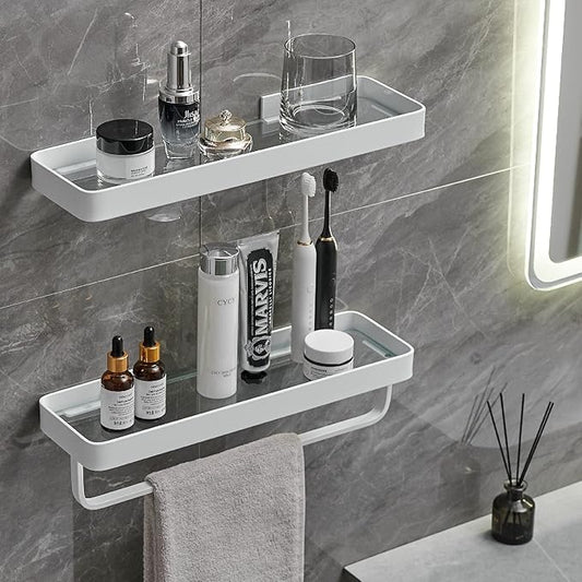 VOLPONE Bathroom Shelves Wall Mounted 2 Tier Glass Floating Shelf - Tempered Glass Wall Organizer (White)