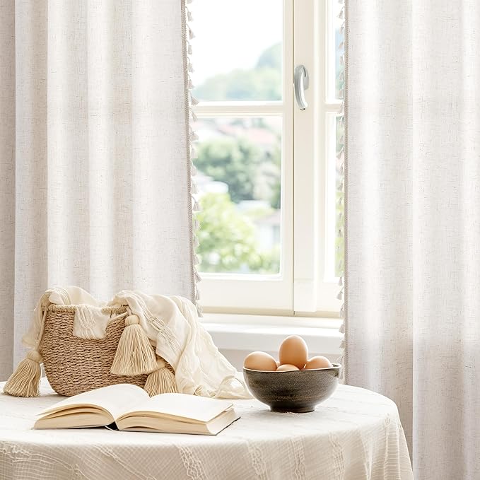 Beige Boho Linen Curtains 80 Inches Long 2 Panels Textured Farmhouse Semi Sheer Window Curtains Tassels Back Tab Neutral Light Filtering Chic Curtain Drapes for Living Room Bedroom 38x80