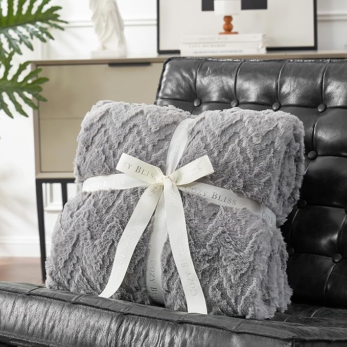 Cozy Bliss Faux Fur Throw Blanket for Couch - ClearanceSoft Fuzzy Cozy Throw Gift Blankets for Women,Grey Boho Blanket for Sofa Bedroom Living Room.60 * 80 Inches