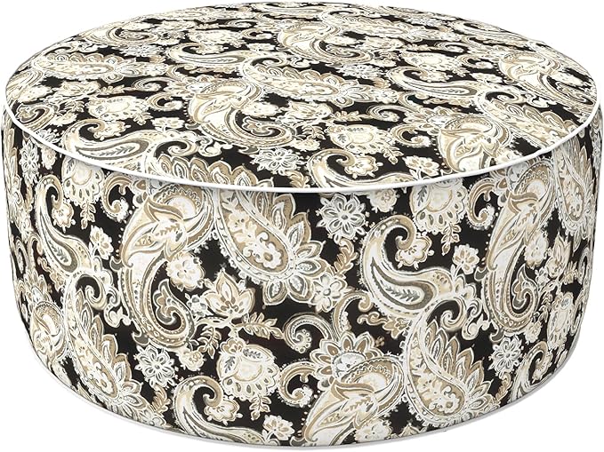LVTXIII Indoor/Outdoor Inflatable Ottoman, D31 x H14 Inch Large Round Ottoman, All Weather Foot Rest Stool, Portable Footrest for Patio, Garden, Camping and Home - Paisley Black