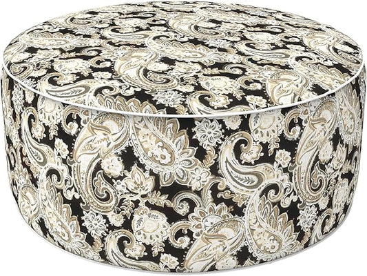 LVTXIII Indoor/Outdoor Inflatable Ottoman, D31 x H14 Inch Large Round Ottoman, All Weather Foot Rest Stool, Portable Footrest for Patio, Garden, Camping and Home - Paisley Black