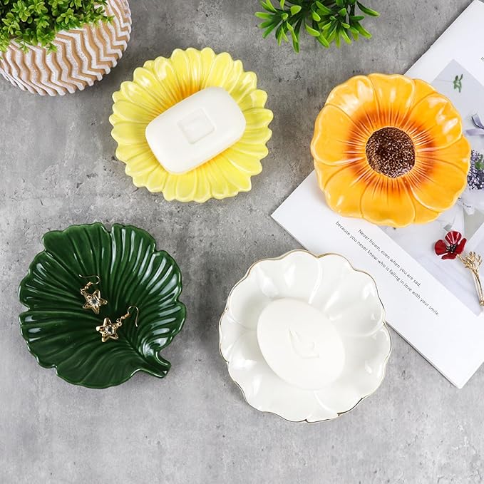 Elegant Bathroom Soap Dish, Inspired by Nature Hibiscus Flower, Ceramic Soap Dish Holder, Self-Draining and Multiple Styles for Bathroom Kitchen Accessories