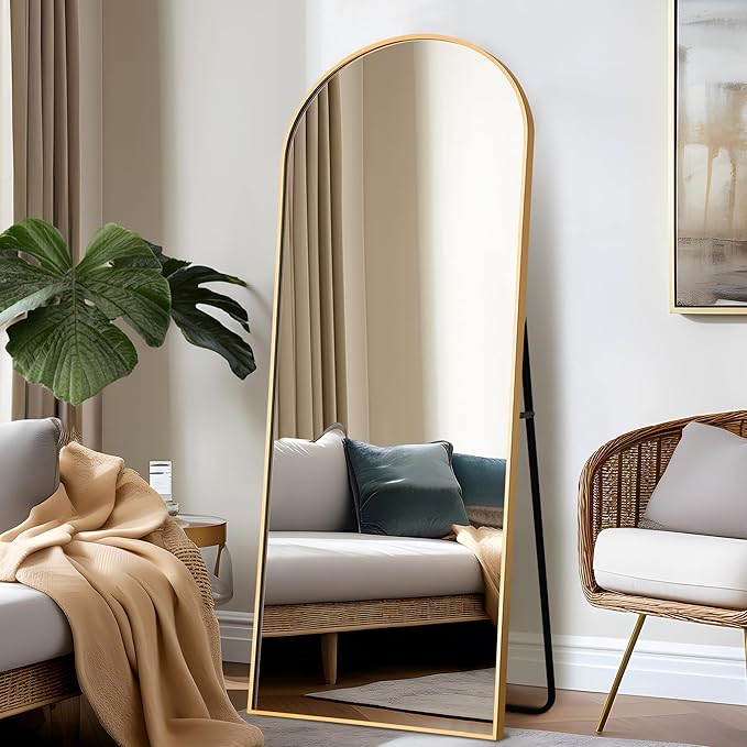 NicBex Arched Full Length Mirror, 64"x24" Aluminum Alloy Frame Full Body Mirror with Stand, Gold - Free Standing, Leaning Against Wall or Wall-Mounted, for Bedroom Living Room Dressing Room