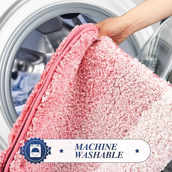 Walensee Contour Bath Rug (20 x 24, Ombre Pink) Non-Slip Water Absorbent Soft Microfiber Shaggy U-Shape Toilet Rug