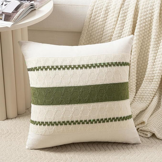 Fancy Homi Set of 1 Boho Moss Green Decorative Throw Pillow Cover 16x16 Inch for Couch Bed Sofa, Aesthetic Modern Organic Farmhouse Home Decor, Soft Cotton Cute Accent Macrame Woven Cushion Case