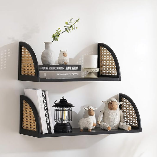 Rattan Wall Shelf 16inch Floating Shelves Rustic Wood Wall Mounted Storage Shelves for Living Room Bathroom Kitchen Boho Wall Decor，Black