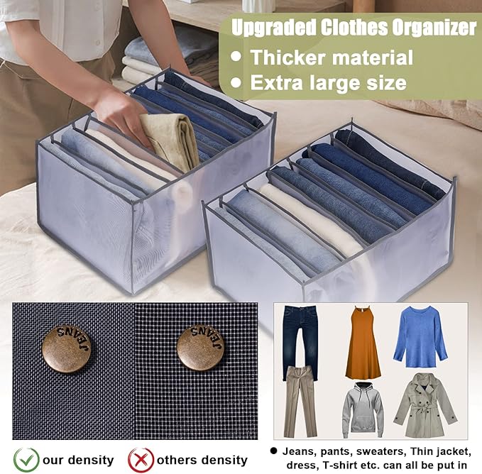 TOOVREN Upgraded Jeans Organizer for Closet, Wardrobe Clothes Storage, Mesh Foldable Compartment for Pants, Leggings, 2 Pack, Large 7 Grids