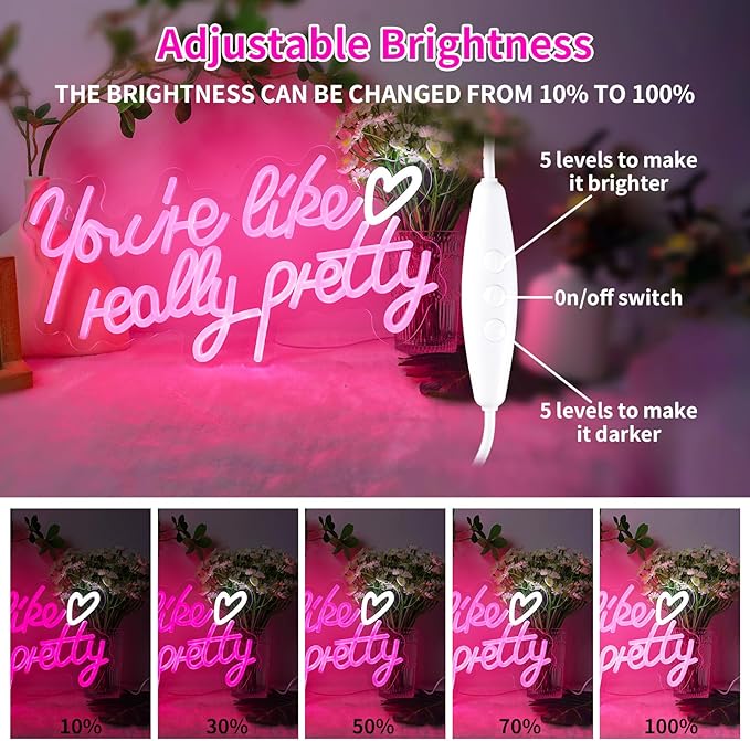 You're Like Really Pretty Neon Signs for Wall Decor,Aesthetic Pink Led Neon Light for Bedroom,Beauty Salon,Bar,Party & Gift,Pink Dimmable Led Light Sign for Girls & Women