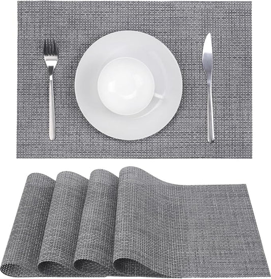 Zupro Placemats Set of 4 for Kitchen Dining Table Washable Braided Table Mats Heat-Resistant Placemats Non-Slip Woven PVC Vinyl Place Mats for Everyday use or Holidays Dinner BBQs 18"x12"(Grey