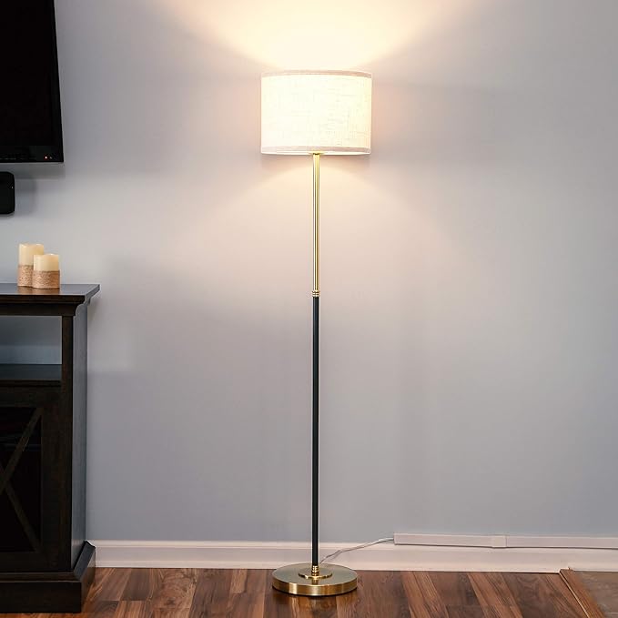 Brightech Emery LED Floor Lamp, Mid-Century Standing Lamp for Bedroom Reading, Modern Lamp for Living Rooms & Offices, Great Living Room Décor, Tall Lamp With Drum Shade & Brass Finish