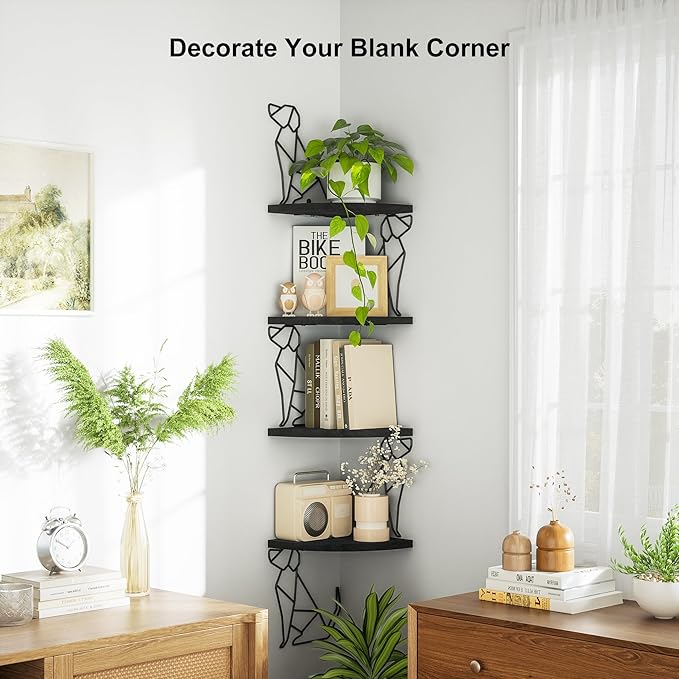 Alsonerbay Black Corner Shelf Wall Mount, 4 Tier Floating Shelves for Wall Storage, Rustic Wall Shelves Wood Shelves for Bedroom, Living Room, Bathroom, Entryway, Garage (Dog Shaped)