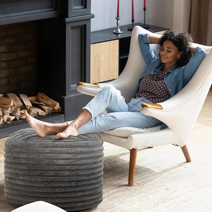 2 Pcs 26 x 18 Inch Unstuffed Pouf Cover Ottoman Foot Rest - No Filler, Faux Rabbit Fur Foot Stool Floor Bean Bag Floor Chair Storage for Living Room Bedroom Home Decor(Gray)