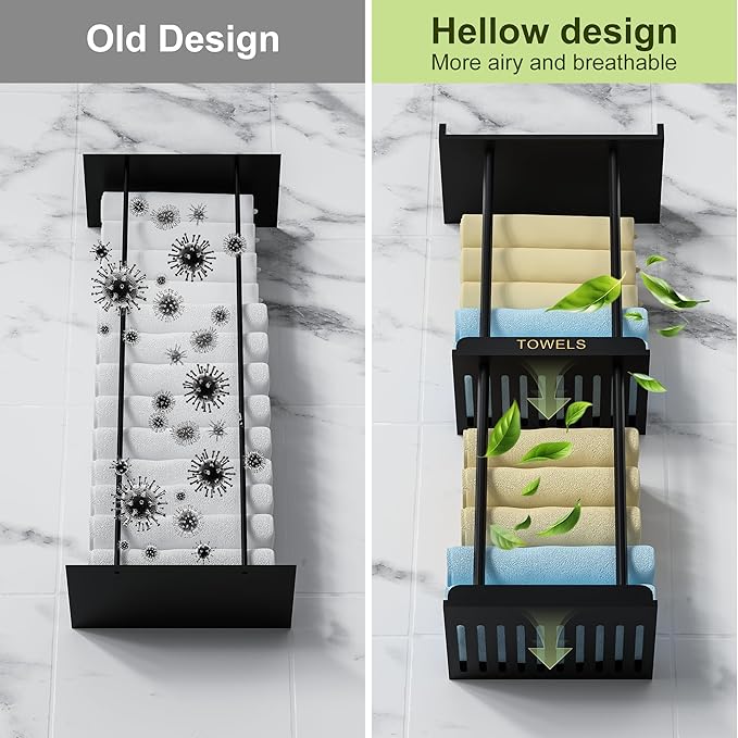MinBoo Bamboo Bathroom Towel Storage Rack, Towel Racks for Bathroom Wall Mounted with Shelf Can Holds Large Towels, Wall Towel Rack for Rolled Towels, Black