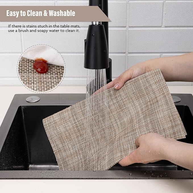 Winknowl Placemats Set of 8 Woven Vinyl Insulation Indoor Place mats for Dining Table, Washable Durable PVC Table Mats (Caramel)