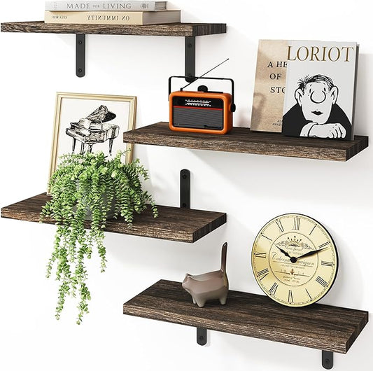 Fixwal Floating Shelves for Room Decor, 4 Sets Wall Storage, Wood Mounted Shelf for Bedroom, Bathroom, Book Shelf, Dark Carbonized Black