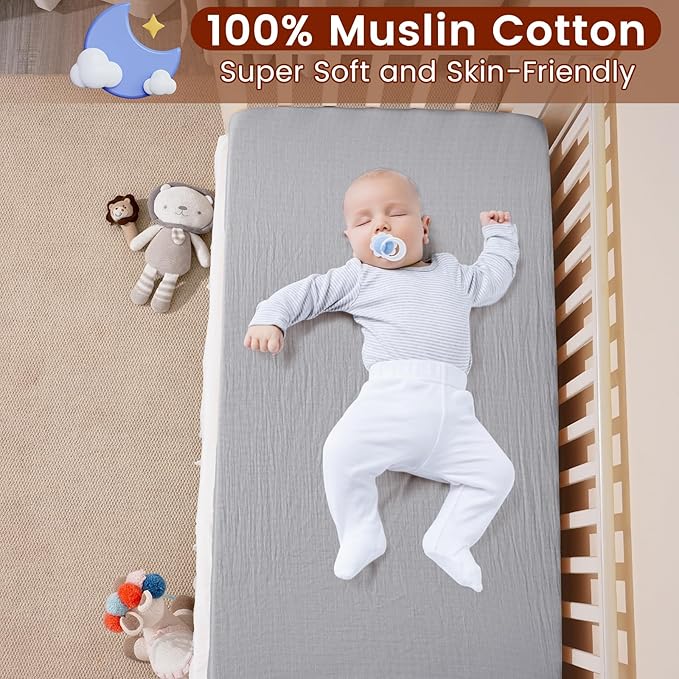 Muslin Crib Sheets for Boys Girls, 2 Pack 100% Cotton Soft Breathable Fitted Baby Sheet Set, 28x52 Inch Fits Standard Crib and Toddler Mattresses, Brown & Grey
