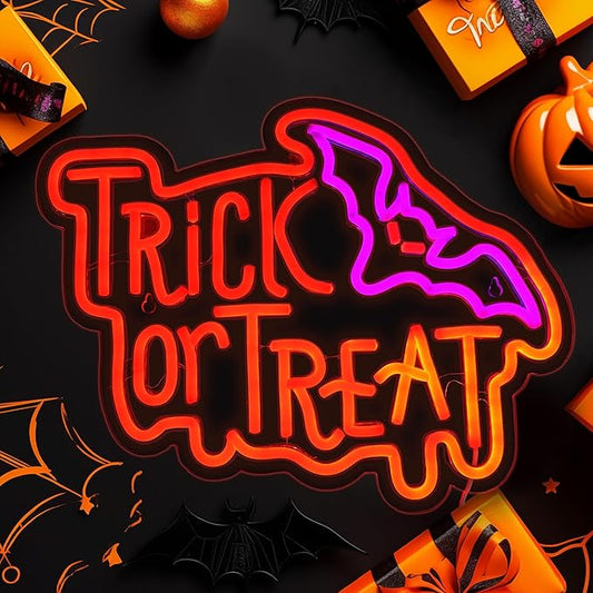 Halloween Neon Sign, Halloween Trick or Treat Neon Light Battery or Usb Powered for Wall Decor, Adjustable Brightness Halloween Neon Light(14.9 x 11.6 inches)