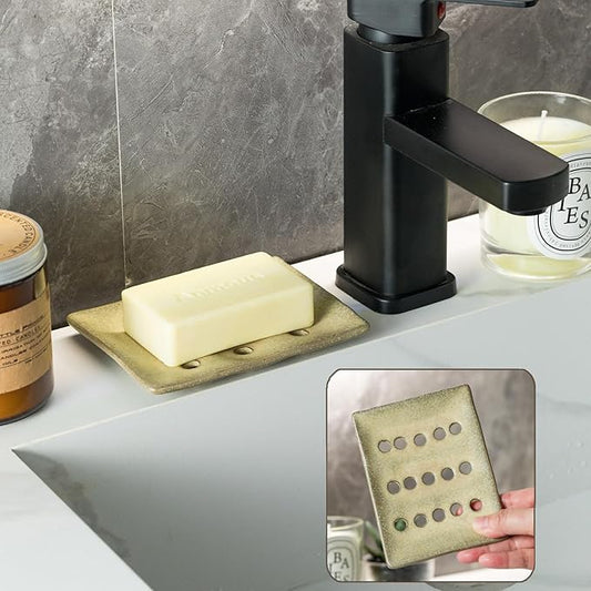 Soap Dish for Shower, Shower Soap Holder for Bathroom, Porcelain Japanese Soap Tray, Keep Dry, 5" x 3.8" Used in Kitchen, Bathroom and Bar Sink, Yellow
