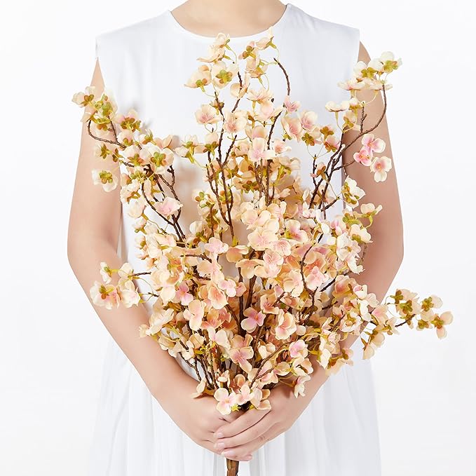 SITUMEIZI Artificial Cherry Blossom Branches Silk 40.58 Inch Faux Cherry Flowers Tall Stems for Home Wedding Bedroom Table Japanese Real Touch Vase Decoration(4Pcs,Champagne)