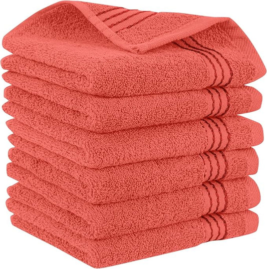 Elegant Comfort Premium Turkish Cotton 6 Pack Washcloths Set - 13 x 13 inch, Luxurious Hotel Spa Quality 100% Turkish Cotton 6PC Washcloth Set - Highly Absorbent - Soft Bathroom Towels, Coral