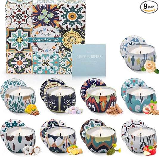 Candles 9 Pack Candle Sets, Scented Candles Gifts for Women, 2.5oz Portable Travel Tin Candles for Home Scented, Ideal Gifts for Valentines Day, Mother's Day, Birthday, Gifts Candles