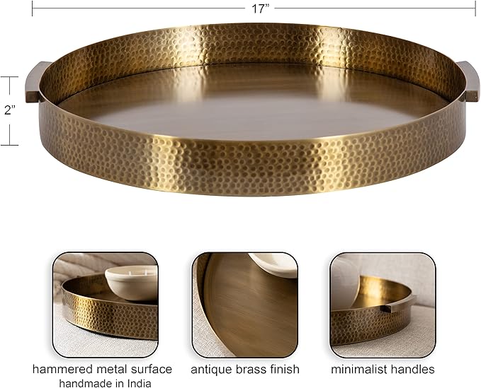 Kate and Laurel Samana Modern Glam Round Metal Tray, 17 Inch Diameter, Antique Brass, Circular Polished Decorative Tray with Hammered Surface and Minimalist Handles