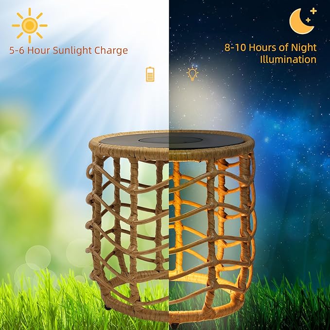 Solar Yard Boho Solar Nesting Tables with Built-in Lights - Set of 2, Weather-Resistant Wicker for Patio, Porch, Garden, Perfect Side Table for Outdoor Living, Natural & Stylish Design