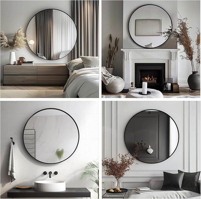 Black Round Mirror, Round Mirror 24 inch, Black Circle Mirrors Metal Frame, Wall Mounted Mirrors for Living Room, Bathroom, Wall, Entryway, Rustic.