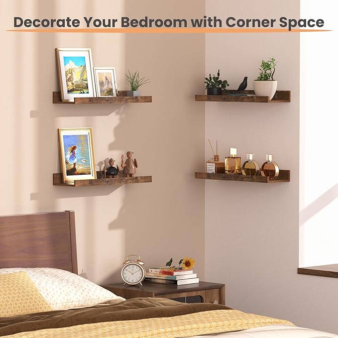 upsimples Floating Shelves for Wall, Wall Shelves for Decor Storage Set of 6, Wall Mounted Wood Shelves for Bedroom, Living Room, Bathroom, Kitchen, Picture Ledge Shelves, Brown