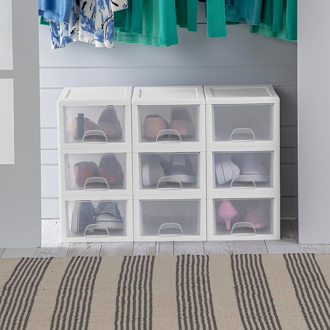 Sterilite 6-Pack 6 Quart Stacking Drawer, Clear Storage Closet Organizer, White Frame - Stackable Modular Plastic Drawers for Clothes, Accessories, Craft Supplies, Shoes or Linens