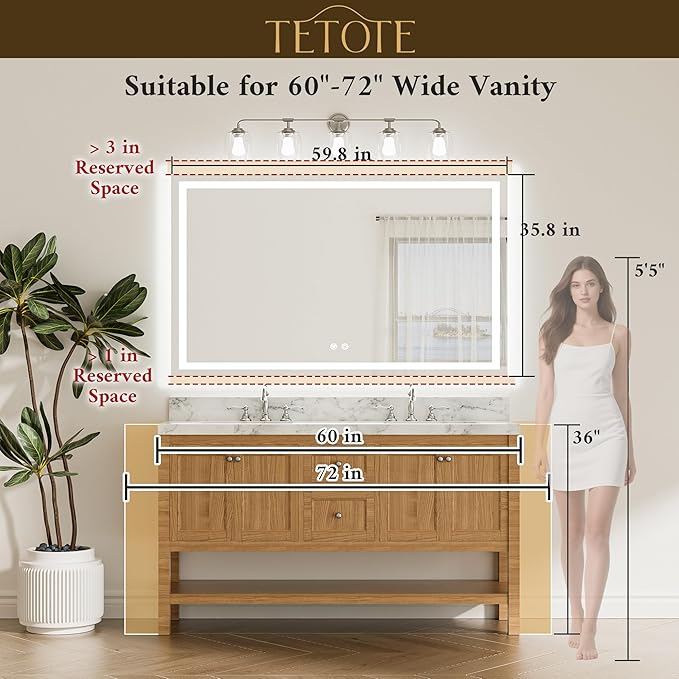 TETOTE 60 x 36 LED Lighted Bathroom Mirror with Lights Wall Mounted, Brighter Front and Backlit Light up Mirror, 3-Color Dimmable Lighted Anti Fog Mirror, Waterproof, Shatterproof Tempered Glass