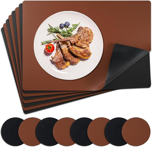 Placemats Set of 8 with Coasters Dual Sided Heat Stain Resistant Place Mats Faux Leather Table Mats Non-Slip Waterproof Oil-Proof Washable Wipeable Table Placemats for Dining Patio Table Kitchen