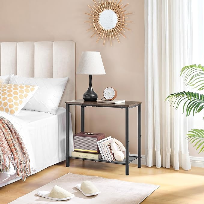 Hoctieon 2 Tier End Table, Sofa Side Table, Narrow Side Table with Storage, Slim Nightstand for Small Spaces, Metal Frame, for Living Room, Bedroom, Sofa Couch, Hall, Grey