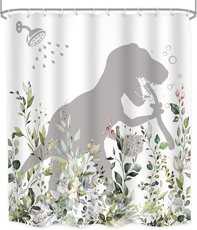 LGhtyro Dinosaur Eucalyptus Kids Shower Curtain Bathroom Set 60Wx71H Inches Funny Dino Bathing Silhouette Rustic Plant Leaves Floral Bath Accessories Botanical Leaf Art Home Decor Fabric 12 Pack Hooks