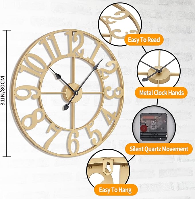 LEIKE 31 Inch Extra Large Wall Clock - Retro Decorative Oversized Farmhouse Arabic Numerals Silent Little Ticking Battery Operated Gold Metal Wall Clocks for Living Room,Office,Entrance Decor