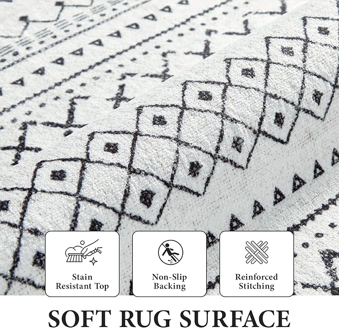 Area Rug for Living Room 6x9: Large Washable Boho Moroccan Rugs Geometric Neutral Rug, Non-Slip Foldable Morden Farmhouse Indoor Floor Carpet for Bedroom Dining Table Home(Black,6'X9')