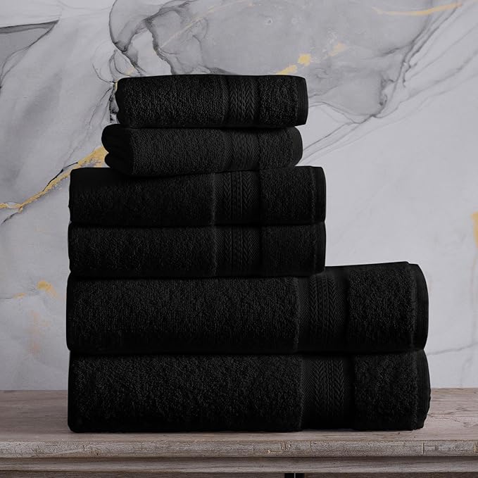 REGAL RUBY, 6 Piece Towel Set, 2 Bath Towels 2 Hand Towels 2 Washcloths, Soft and Absorbent, 100% Turkish Cotton Towels for Bathroom Shower Towel, Bath Linen Set Black