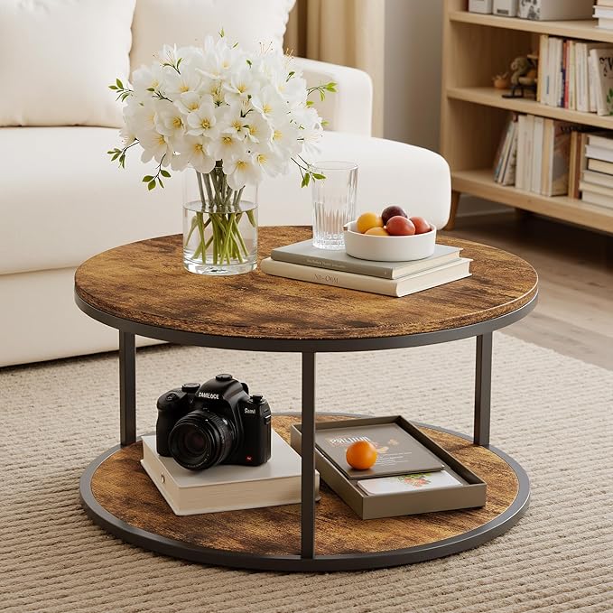 YESHOMY 36“ Wood Round Coffee Table, Coffee Tables for Living Room, Metal & Wood Round Table, Small Space Solution for Living Room Furniture, Rustic Brown