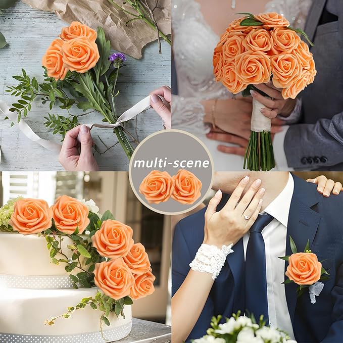 200PCS Orange Artificial Flowers Roses Real Looking Foam Fake Roses with Leaves for DIY Wedding Bouquets Bridal Shower Party Decorations (Orange, 200)