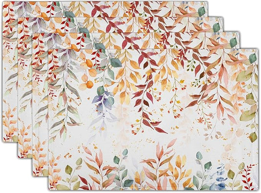 Fall Eucalyptus Leaf Table Placemats Set of 4, Colorful Leaves Heat-Resistant Tabletop Place Mats 12x18 Inch Autumn Seasonal Outdoor Table Mats Decorations for Party Dining Kitchen