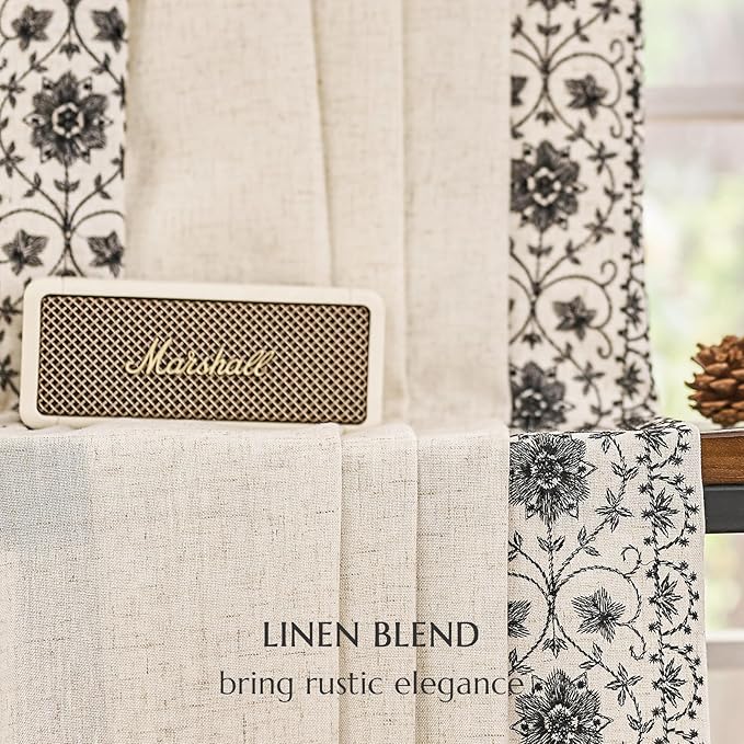jinchan Boho Curtains for Living Room Black Vintage Floral Farmhouse Curtains 84 Inches Long Linen Blend Drapes for Bedroom Embroidered Light Filtering Drapes Rod Pocket Black on Beige 2 Panels
