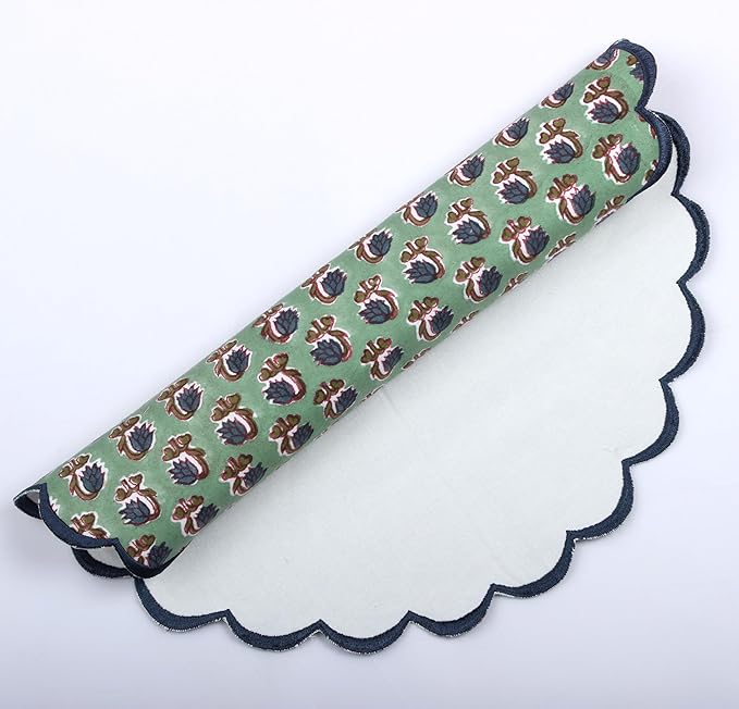 Ridhi Bo-ho Round Place Mat Double Layer Floral Cotton Washable Placemats 15" Round Embroidery Block Print Table Mat (Pack of 4-15 Inch Round, Basil Green)