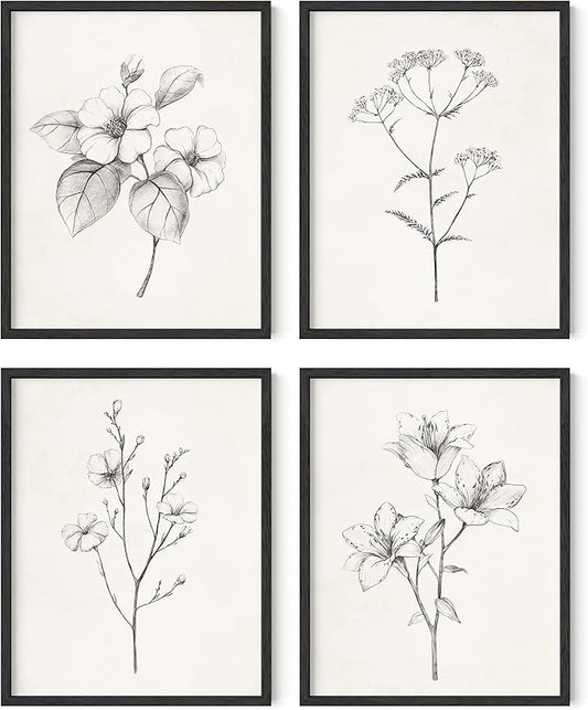 HAUS AND HUES Grey Floral Wall Art - Set of 4 Plant Posters for Wall Vintage, Botanical Prints, Black and White Flower Pictures for Room Aesthetic, Farmhouse Bathroom, Rustic Art (11x14, UNFRAMED)
